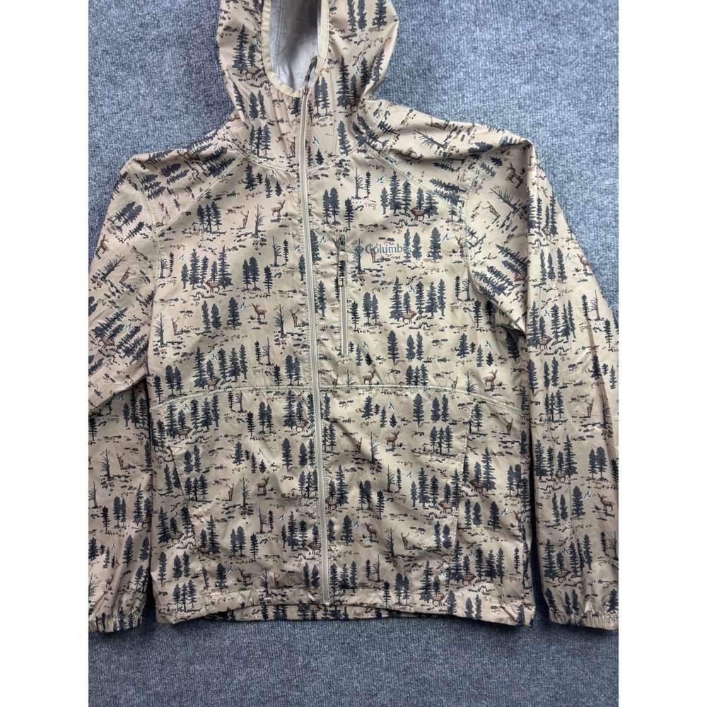 Columbia Hooded Windbreaker Mens Medium Tan Forest Deer Print Full Zip Jacket